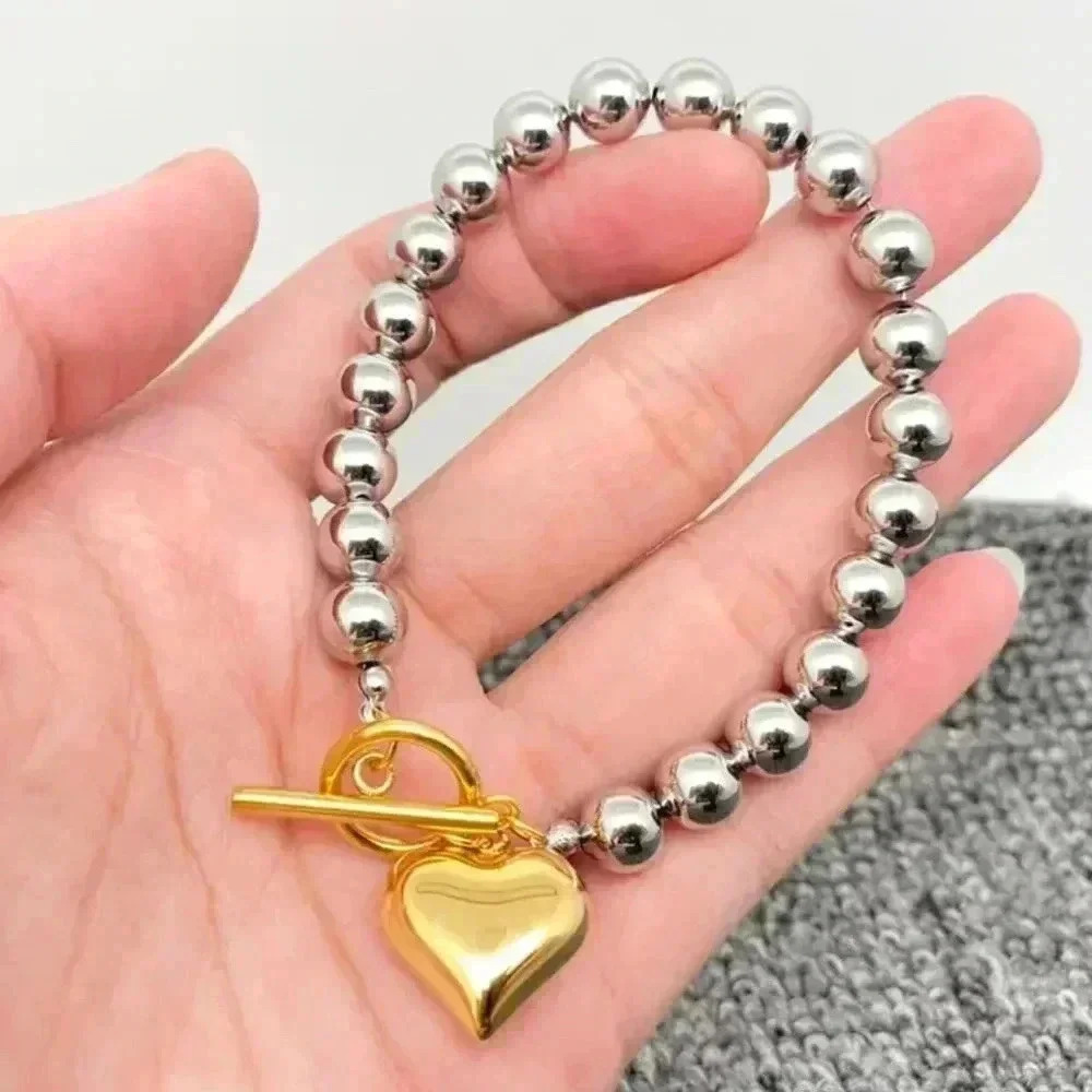 *NEW* 18K Gold Plated Stainless Steel Two Tone Toggle Bracelet & Heart Pendant - Picture 2 of 9